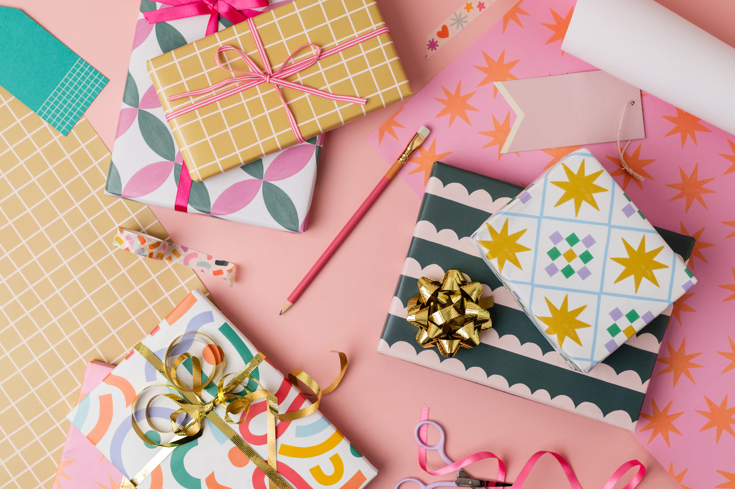 Pink/Green Geometric Petal Tile Gift Wrap Sheet