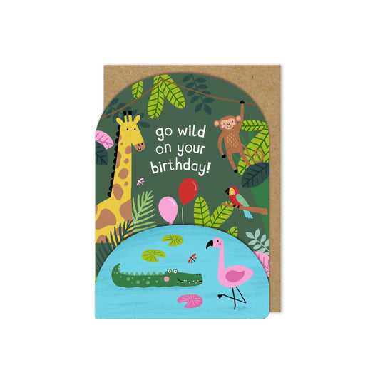 6 Pack Diecut 'Go wild on your birthday!' Jungle Animals Birthday card