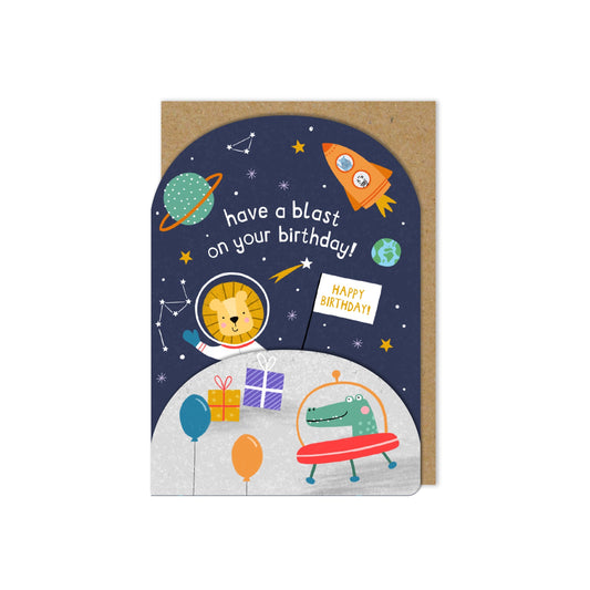 6 Pack Diecut 'Have a blast on your birthday!" Outer Space Birthday card