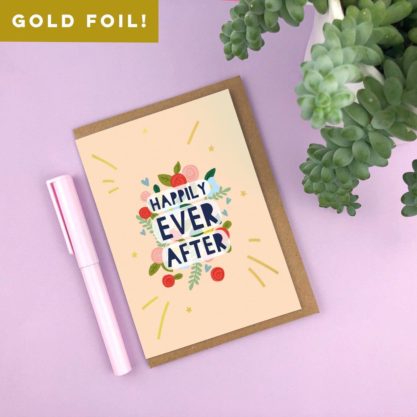Happily Ever After Gold Foiled Wedding Card.