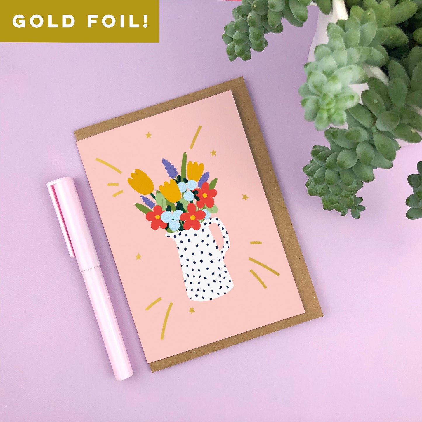 Flowers in Jug Gold Foiled Greetings Card